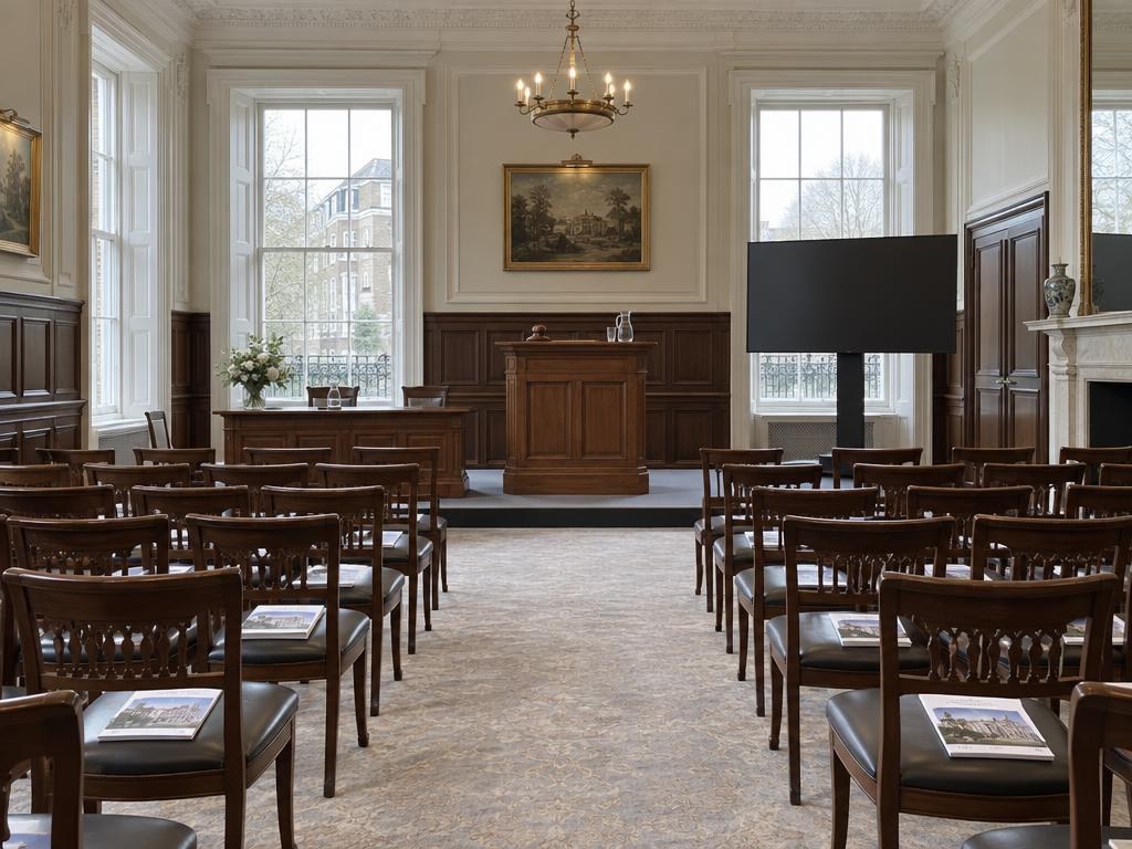 Empty auction room with rostrum and catalogues